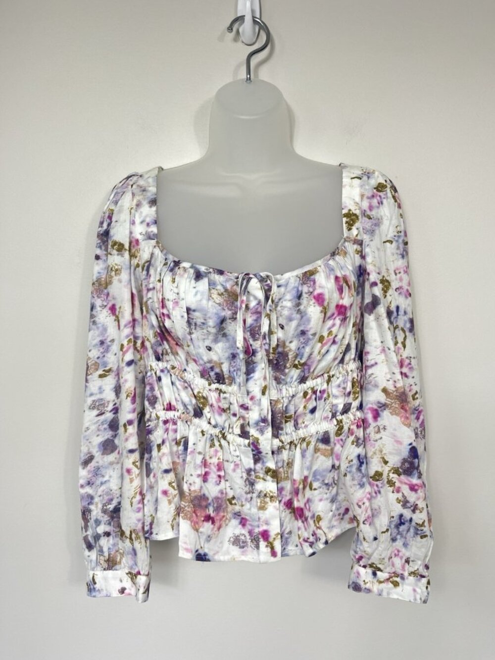 J Crew Top Womens 12 Floral Whimisical Milkmaid Blouse White Purple Cottagecore